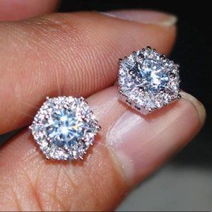 NEW Round Diamond Halo Hexagon Silver Stud Earrings